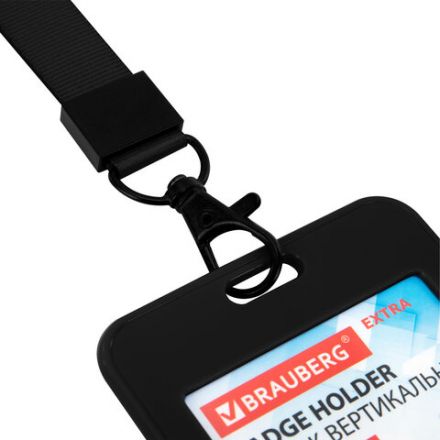 Бейдж вертикальный (85х54 мм), лента 45 см с карабином, СЛАЙДЕР, черный, BRAUBERG EXTRA, 238831
