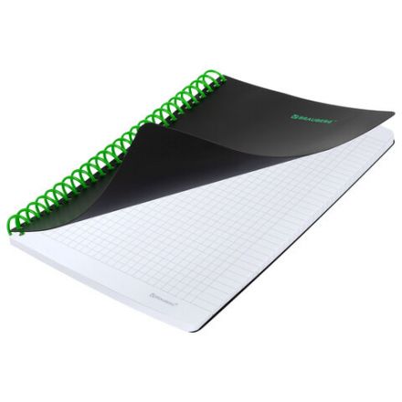 Тетрадь обложка пластик, А5 80 л., спираль пластик, резинка, клетка, BRAUBERG, черный/зеленый, 405387