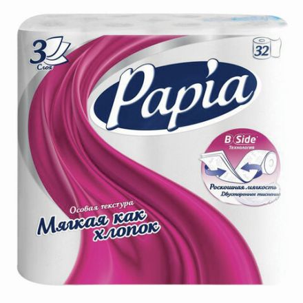Бумага туалетная бытовая, спайка 32 шт., 3-слойная (32х16,8 м), PAPIA, белая, 5080734 Бумага туалетная бытовая, спайка 32 шт., 3-слойная (32х16,8 м), PAPIA, белая, 5080734