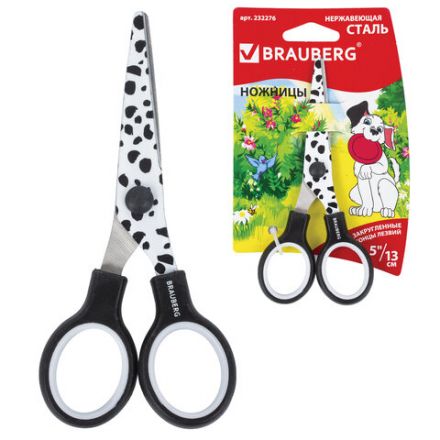 Ножницы 130 мм с цветной печатью "Далматин", чёрно-белые, закругленные, BRAUBERG KIDS, 232276