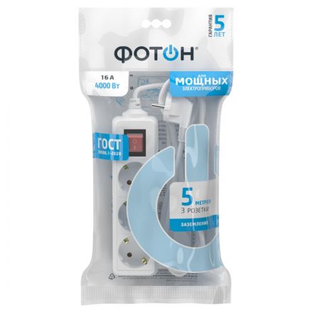 Удлинитель сетевой ФОТОН 16-53ЕS, 5м, 3 р, 16А, с выкл., с заземл., Белый