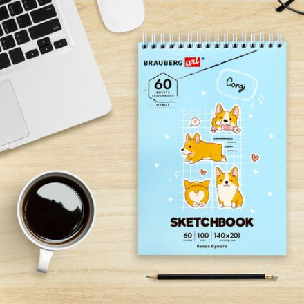Скетчбук, белая бумага 100 г/м2, 140х201 мм, 60 л., гребень, жёсткая подложка, BRAUBERG ART DEBUT, "Корги", 115064