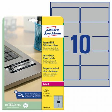 Этикетка самоклеящаяся 96x50,8 мм, 10 этикеток, полиэстер, серебро, 20 листов, Avery Zweckform, L6012-20