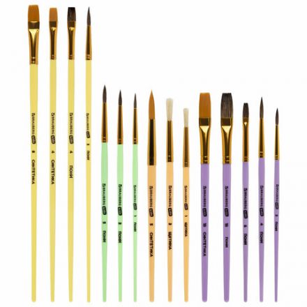 Кисти НАБОР 15 шт. (ПОНИ – 9 шт., СИНТЕТИКА – 4 шт., ЩЕТИНА – 2 шт.) BRAUBERG KIDS, 201081