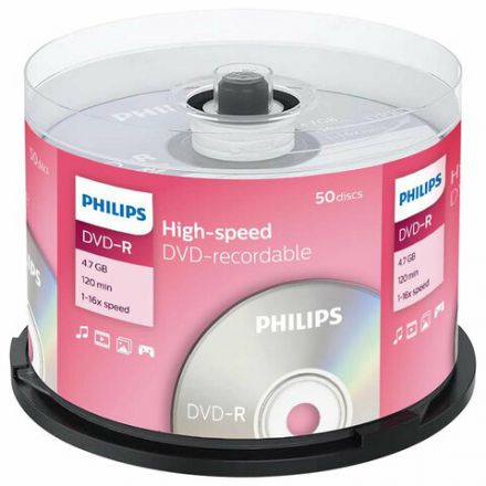 Диск DVD-R PHILIPS, 4,7 Гб, 16x, Cake Box (упаковка на шпиле), КОМПЛЕКТ 50 шт., DM4S6B50F/97