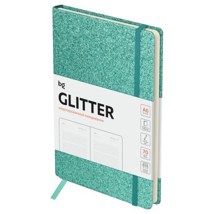 Ежедневник недатированный, А6, 136л., твердый переплет, диз. картон, BG "Glitter. Teal", бирюзовый, на резинке, карман