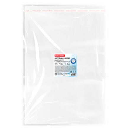 Пакеты БОПП с клеевым клапаном, КОМПЛЕКТ 100 штук, 30х40 + 4 см, 30 мкм, с усиленным швом, BRAUBERG, 700410