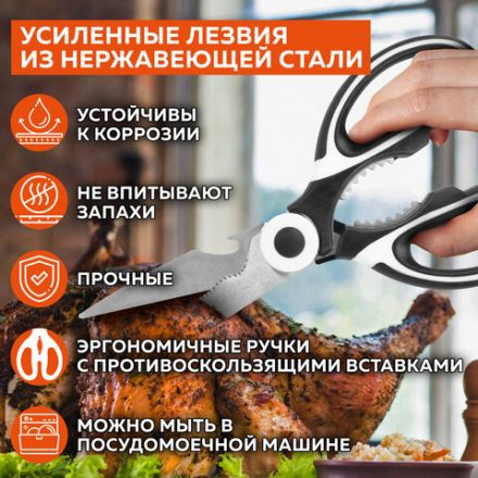 Ножницы кухонные DASWERK (ДАСВЕРК), 210 мм, с орехоколом, открывашкой, футляром для лезвий, 608904 Ножницы кухонные DASWERK (ДАСВЕРК), 210 мм, с орехоколом, открывашкой, футляром для лезвий, 608904