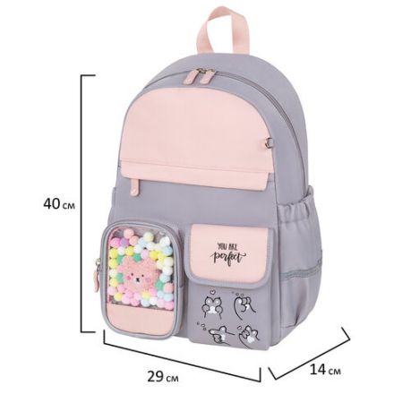 Рюкзак BRAUBERG PASTEL с термонашивками в комплекте, "Sweet paws", серый, 40х29х14 см, 272064