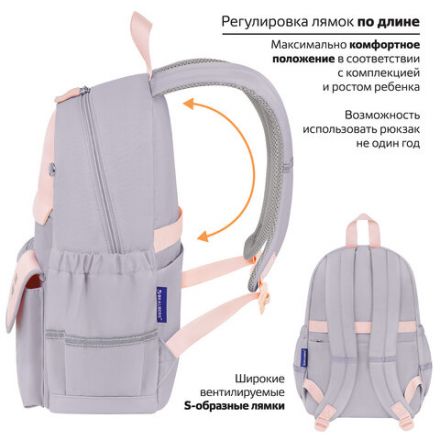 Рюкзак BRAUBERG PASTEL с термонашивками в комплекте, "Sweet paws", серый, 40х29х14 см, 272064