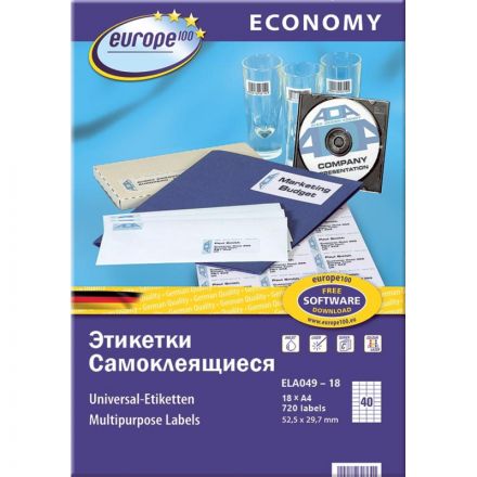 Этикетки самоклеящиеся Europe 100 белые 52.5x29.7 мм (40 штук на листе А4, 18 листов, артикул производителя ELA049-18)