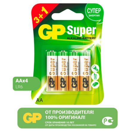 Батарейки КОМПЛЕКТ 4 шт., GP Super G-Tech, AA (LR6,15А), алкалиновые, пальчиковые, ПРОМО 3+1, 15A3/1-2CR4 Батарейки КОМПЛЕКТ 4 шт., GP Super G-Tech, AA (LR6,15А), алкалиновые, пальчиковые, ПРОМО 3+1, 15A3/1-2CR4