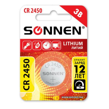 Батарейка литиевая SONNEN Lithium CR2450 "таблетка, дисковая, кнопочная" 1 шт., блистер, 455601 Батарейка литиевая SONNEN Lithium CR2450 "таблетка, дисковая, кнопочная" 1 шт., блистер, 455601