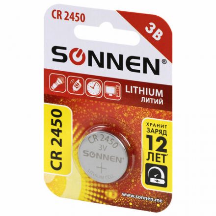 Батарейка литиевая SONNEN Lithium CR2450 "таблетка, дисковая, кнопочная" 1 шт., блистер, 455601 Батарейка литиевая SONNEN Lithium CR2450 "таблетка, дисковая, кнопочная" 1 шт., блистер, 455601