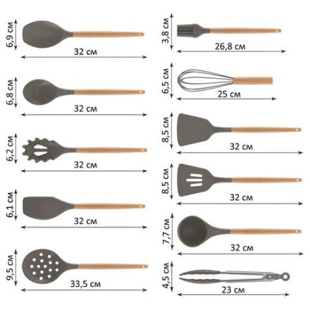 Набор силиконовых кухонных принадлежностей с деревянными ручками 12 в 1, серо-коричневый, DASWERK (ДАСВЕРК), 608195