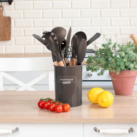 Набор силиконовых кухонных принадлежностей с деревянными ручками 12 в 1, серо-коричневый, DASWERK (ДАСВЕРК), 608195