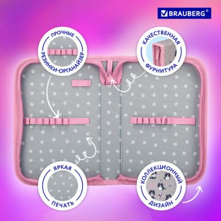 Пенал BRAUBERG, 1 отделение, полиэстер, 21х14 см, "Cat patches", 272327