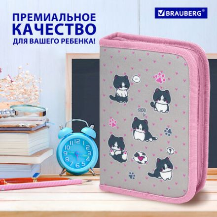 Пенал BRAUBERG, 1 отделение, полиэстер, 21х14 см, "Cat patches", 272327