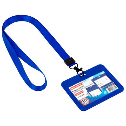 Бейдж горизонтальный (54х85 мм), лента 45 см с карабином, СЛАЙДЕР, синий, BRAUBERG EXTRA, 238833