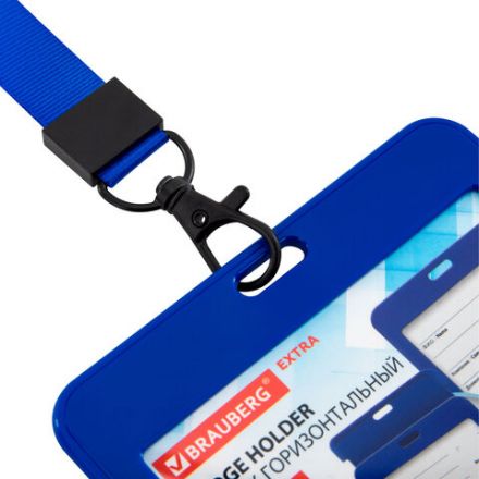 Бейдж горизонтальный (54х85 мм), лента 45 см с карабином, СЛАЙДЕР, синий, BRAUBERG EXTRA, 238833