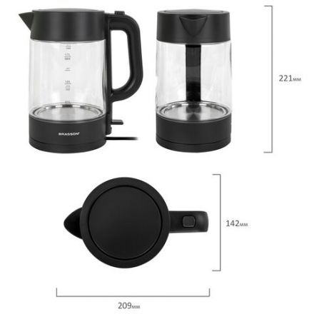 Чайник BRASSON (БРАССОН) KT-727, 1,7 л, 2200 Вт, стекло, графит, подсветка, 455190