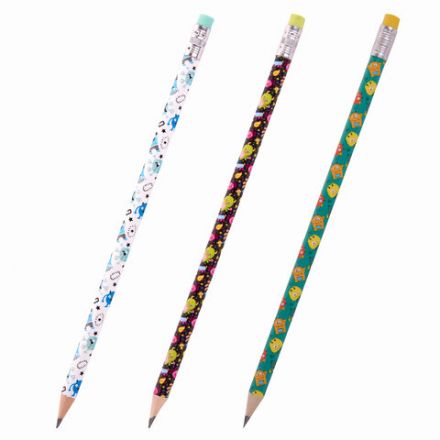 Карандаш чернографитный ЮНЛАНДИЯ "МОНСТРИКИ", 1 шт., HB, с ластиком, корпус ассорти, 181782