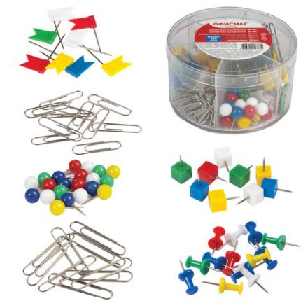 Набор ОФИСМАГ, скрепки 28 мм/60 шт., 50 мм/30 шт, гвоздики 50 шт., шарики, кубики, флажки по 20 шт., цилиндр, 226256 Набор ОФИСМАГ, скрепки 28 мм/60 шт., 50 мм/30 шт, гвоздики 50 шт., шарики, кубики, флажки по 20 шт., цилиндр, 226256