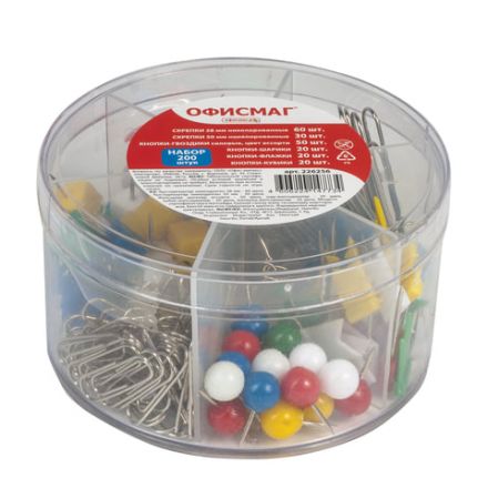 Набор ОФИСМАГ, скрепки 28 мм/60 шт., 50 мм/30 шт, гвоздики 50 шт., шарики, кубики, флажки по 20 шт., цилиндр, 226256 Набор ОФИСМАГ, скрепки 28 мм/60 шт., 50 мм/30 шт, гвоздики 50 шт., шарики, кубики, флажки по 20 шт., цилиндр, 226256