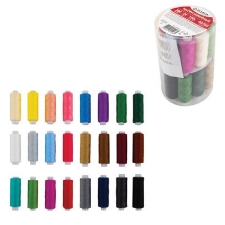 Нитки швейные 40 ЛШ, 200 м, полиэстер, НАБОР 24 цвета, в ПОДАРОК набор игл, DEVELIA (Девелиа), 609625