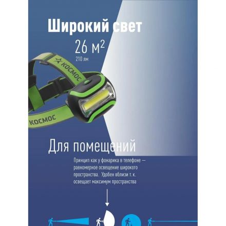 Фонарь налобный светодиодный KOC-H3WCOBLED, 3W COB, широкий