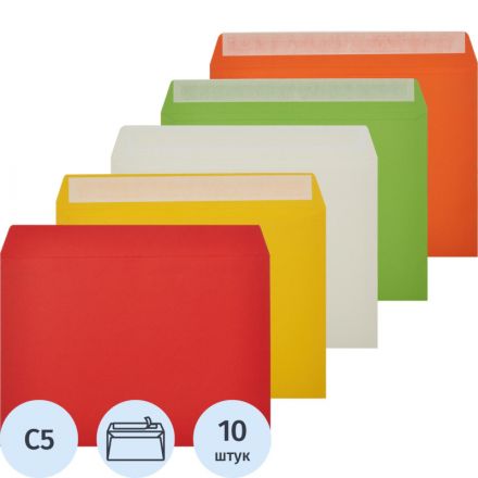 Конверт С5 из цв.бум, 120г/м2,с отрыв.лентой, 5в/10шт. уп Конверт С5 из цв.бум, 120г/м2,с отрыв.лентой, 5в/10шт. уп