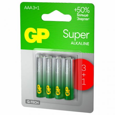 Батарейки КОМПЛЕКТ 4 шт., GP Super G-Tech, AAA (LR03,24А), алкалиновые, мизинчиковые, ПРОМО 3+1, 24A3/1-2CR4