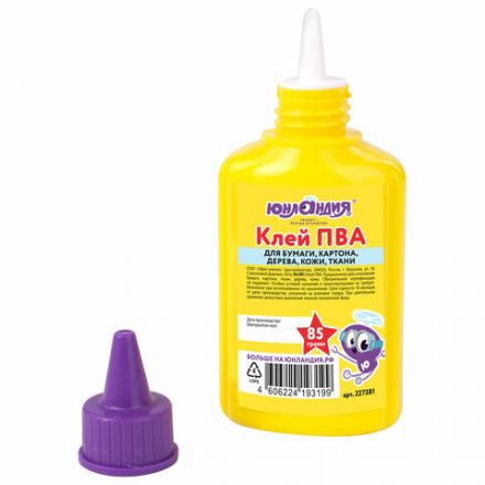 Клей ПВА ЮНЛАНДИЯ (бумага, картон, дерево), 85 г, 227381
