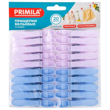 Прищепки бельевые 7,3 см, КОМПЛЕКТ 20 штук, пластик, ассорти, PRIMILA (ПРИМИЛА) CLASSIC, 700515