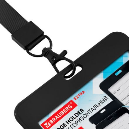 Бейдж горизонтальный (54х85 мм), лента 45 см с карабином, СЛАЙДЕР, черный, BRAUBERG EXTRA, 238834