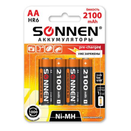 Батарейки аккумуляторные Ni-Mh пальчиковые КОМПЛЕКТ 4 шт., АА (HR6) 2100 mAh, SONNEN, 455606