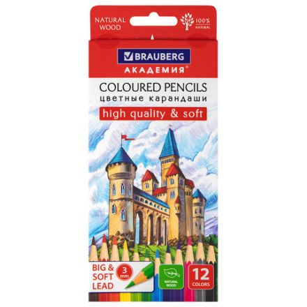 Карандаши цветные мягкие BRAUBERG АКАДЕМИЯ, 12 цветов, шестигранные, грифель 3 мм, натуральное дерево, 181864 Карандаши цветные мягкие BRAUBERG АКАДЕМИЯ, 12 цветов, шестигранные, грифель 3 мм, натуральное дерево, 181864