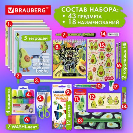 Набор канцелярии подарочный BRAUBERG "AVOCADO", 18 наименований, 43 предмета, 880951 Набор канцелярии подарочный BRAUBERG "AVOCADO", 18 наименований, 43 предмета, 880951