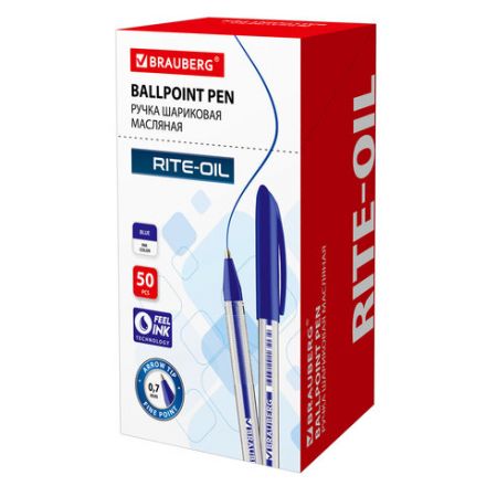 Ручка шариковая масляная BRAUBERG "Rite-Oil", СИНЯЯ, корпус прозрачный, узел 0,7 мм, линия письма 0,35 мм, 141702
