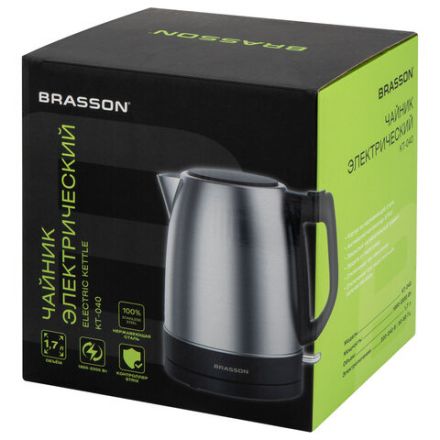 Чайник BRASSON (БРАССОН) KT-040, 1,7 л, 2200 Вт, индикатор уровня воды, сталь, черный, 455192