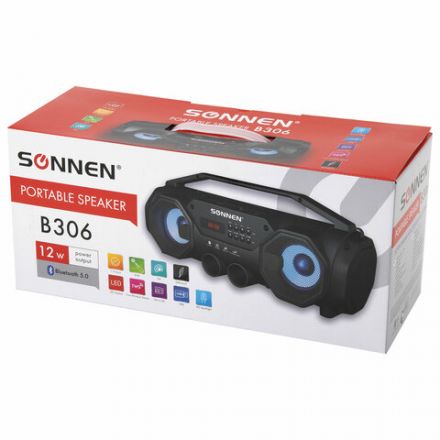 Колонка портативная с подсветкой SONNEN B306, 12 Вт, Bluetooth, FM-тюнер, microSD, MP3-плеер, черная, 513479 Колонка портативная с подсветкой SONNEN B306, 12 Вт, Bluetooth, FM-тюнер, microSD, MP3-плеер, черная, 513479