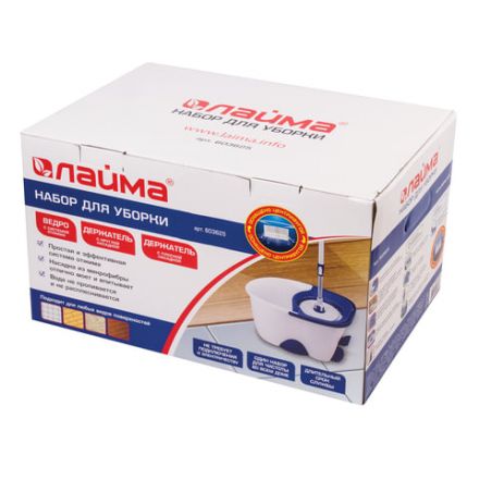 Швабра с отжимом и ведром 18л/8л, центрифуга, отжим педалью, 2 флаундера/насадки круглый и прямоугольный, бело-синий, LAIMA 603625 Швабра с отжимом и ведром 18л/8л, центрифуга, отжим педалью, 2 флаундера/насадки круглый и прямоугольный, бело-синий, LAIMA 603625