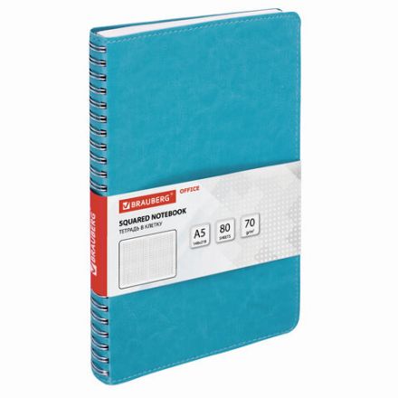 Бизнес-тетрадь на гребне А5 148x218 мм, BRAUBERG "Office PRO", под кожу, клетка, 80 л., бирюзовая, 111043