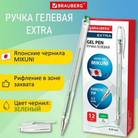 Ручка гелевая BRAUBERG "EXTRA", ЗЕЛЕНАЯ, корпус прозрачный, узел 0,5 мм, линия 0,35 мм, 143904 Ручка гелевая BRAUBERG "EXTRA", ЗЕЛЕНАЯ, корпус прозрачный, узел 0,5 мм, линия 0,35 мм, 143904