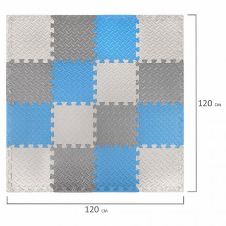 Коврик-пазл напольный 1,2х1,2 м, 16 шт., 30х30 см, толщина 1 см, серый, голубой, светло-серый, ЮНЛАНДИЯ, 664813
