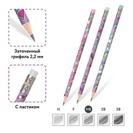 Карандаш чернографитный ЮНЛАНДИЯ "ЕДИНОРОГИ", 1 шт., HB, с ластиком, корпус ассорти, 181780