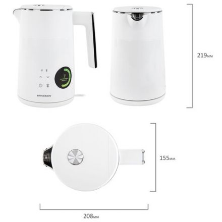 Чайник с двойными стенками, терморегулятором и дисплеем BRASSON (БРАССОН) KT-264, 1,5 л, 2200 Вт, 7 температурных режимов, белый, 455193