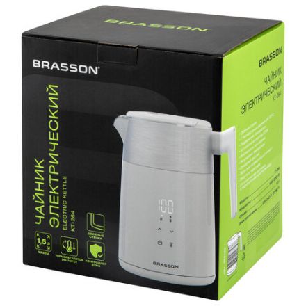 Чайник с двойными стенками, терморегулятором и дисплеем BRASSON (БРАССОН) KT-264, 1,5 л, 2200 Вт, 7 температурных режимов, белый, 455193