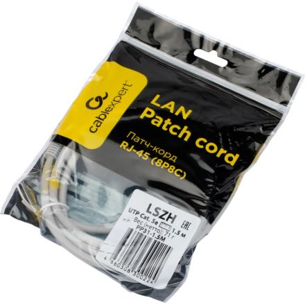 Патч-корд LSZH UTP Cablexpert кат.5e, 1.5м, литой, многожильный (серый)
