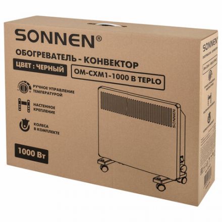 Обогреватель-конвектор SONNEN TEPLO-10, 1000 Вт, Х-образный нагревательный элемент, черный, сделано в России, 457627